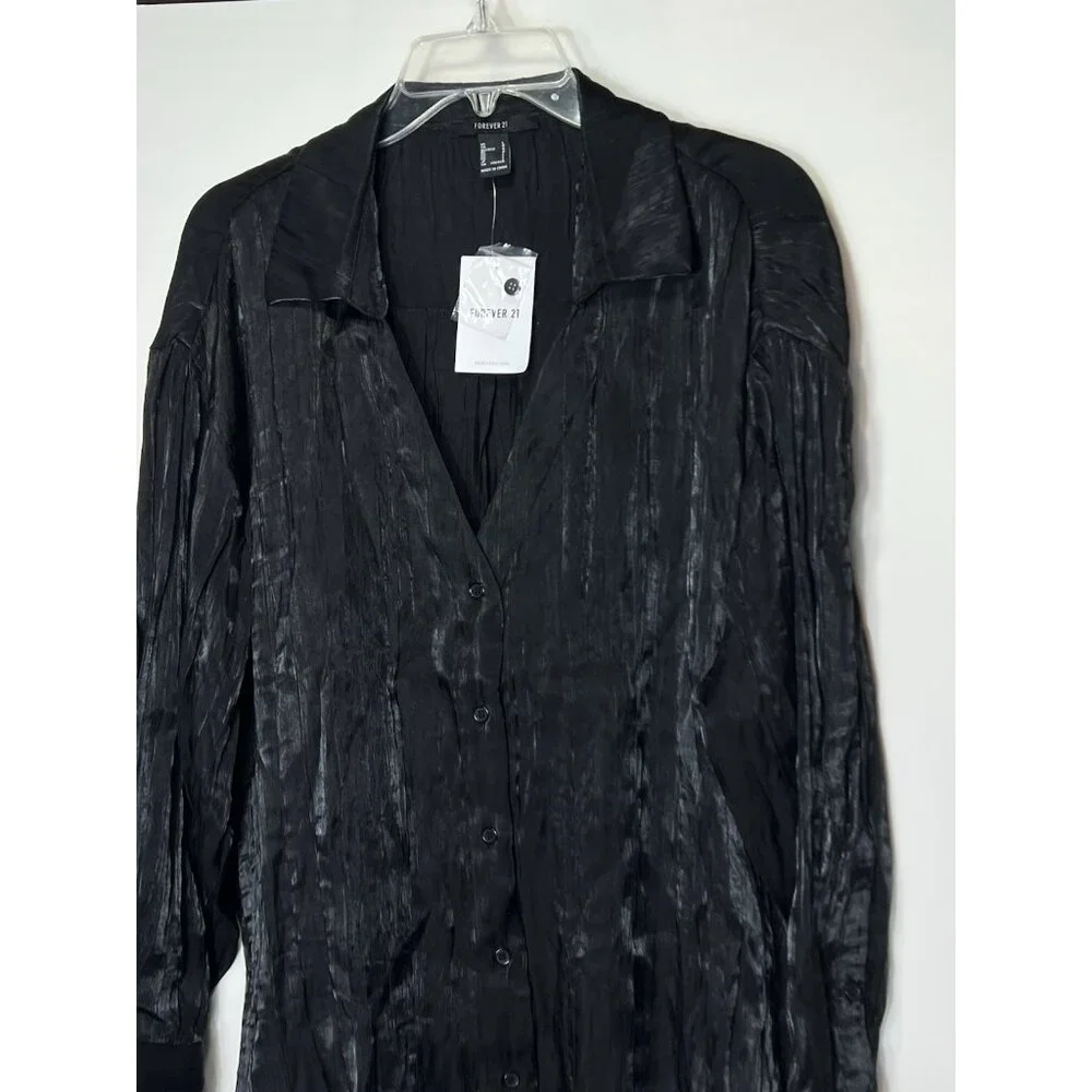 Forever 21‎ Long Sleeve Button Black Crinkle Slit Sides Women’s Size Large NWT - Picture 2 of 16